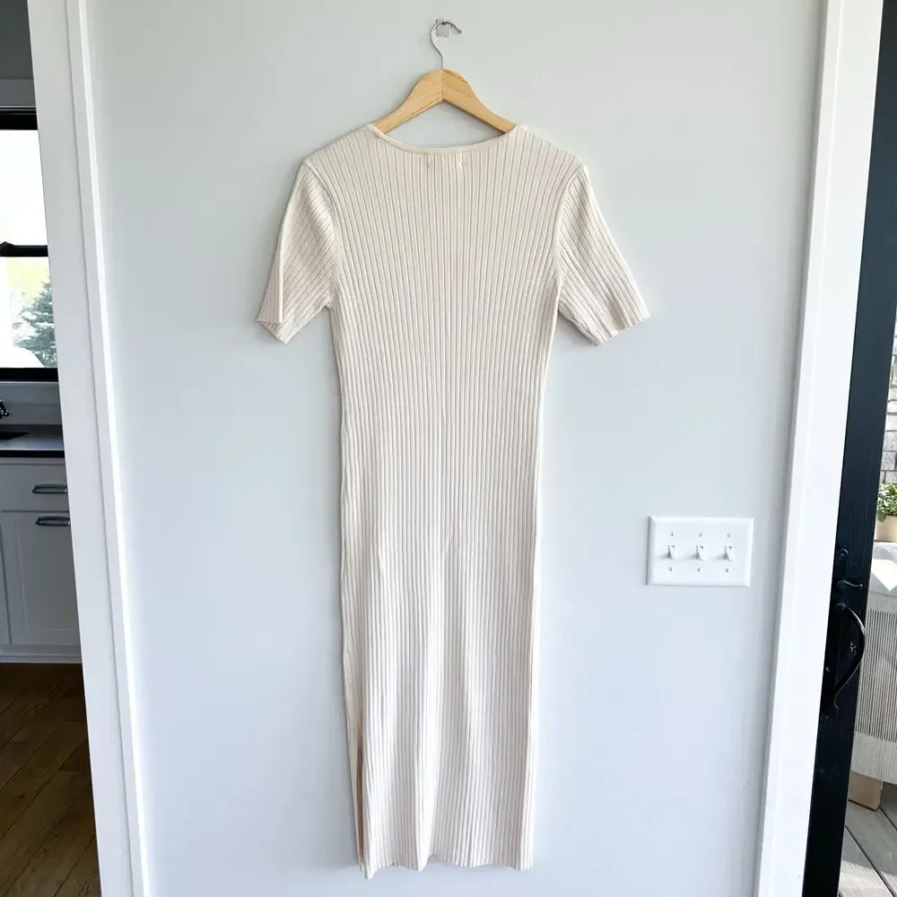 Rachel Parcell Ribbed Knit Scoop Neck Short Sleeve Midi Dress Beige Faded L - Picture 3 of 11